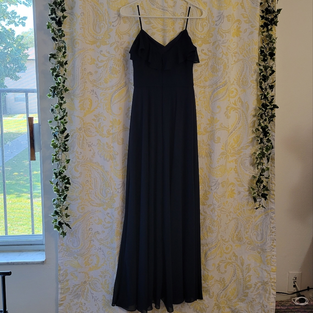 #LEVKOFF Ruffle V-Neck Chiffon Gown In Navy Color - Picture 7 of 11